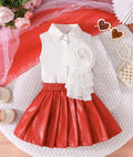 cross-border exclusive: new autumn collection - sleeveless blouse with floral accents + pu leather skirt set - hot seller!