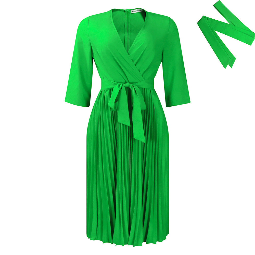 D430 women's foreign trade dress,  autumn new arrival, solid color pleated tie-up plus size v-neck elegant african style dress