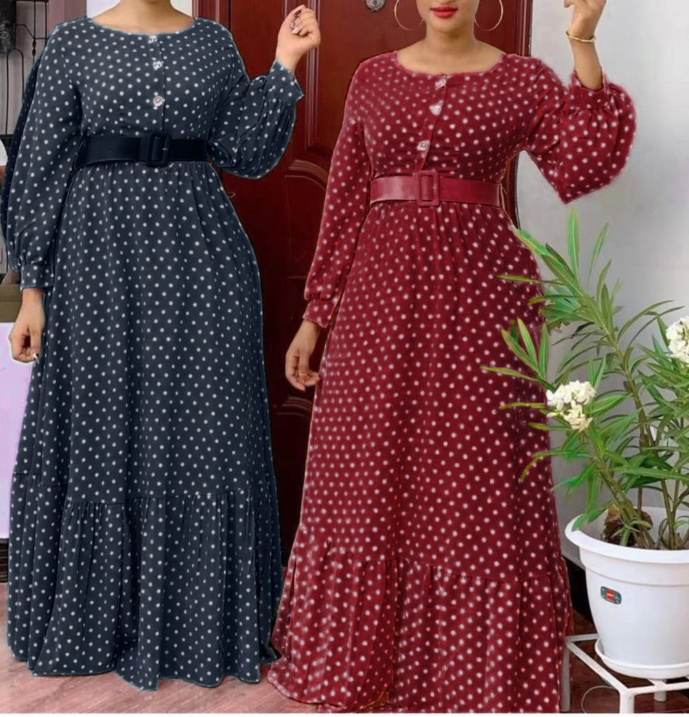 new arrival: fresh & sweet polka dot high-waisted long sleeve dress - african style plus size women's clothing with belt