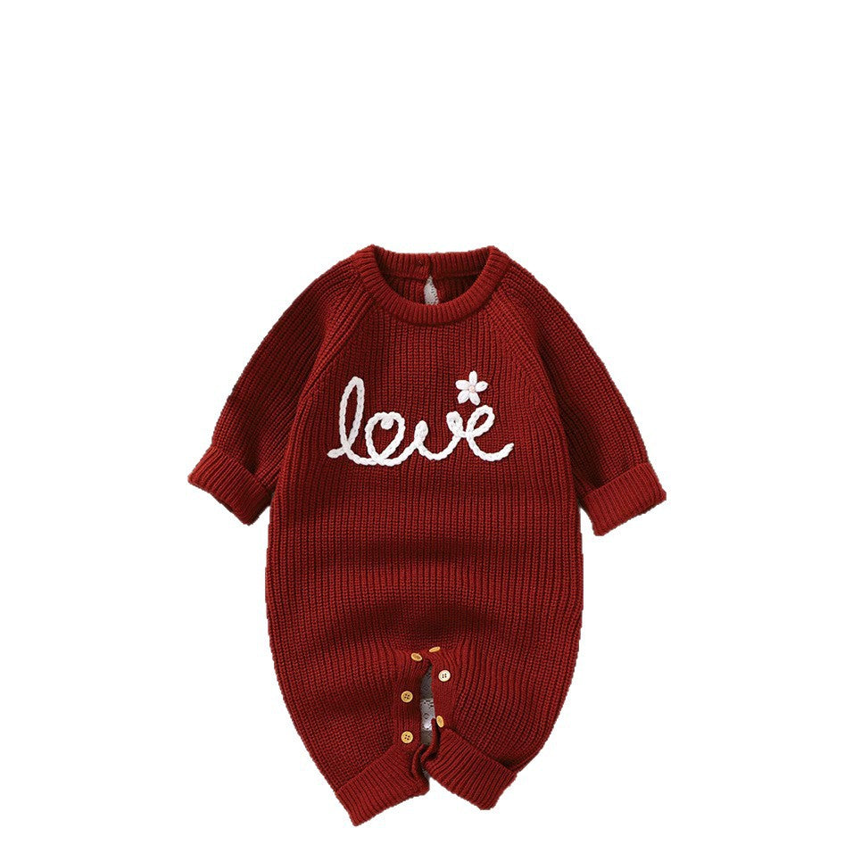 Export embroiderspring & falllove round neck infant kidsknitting one-piece pullover pure color khaki 028