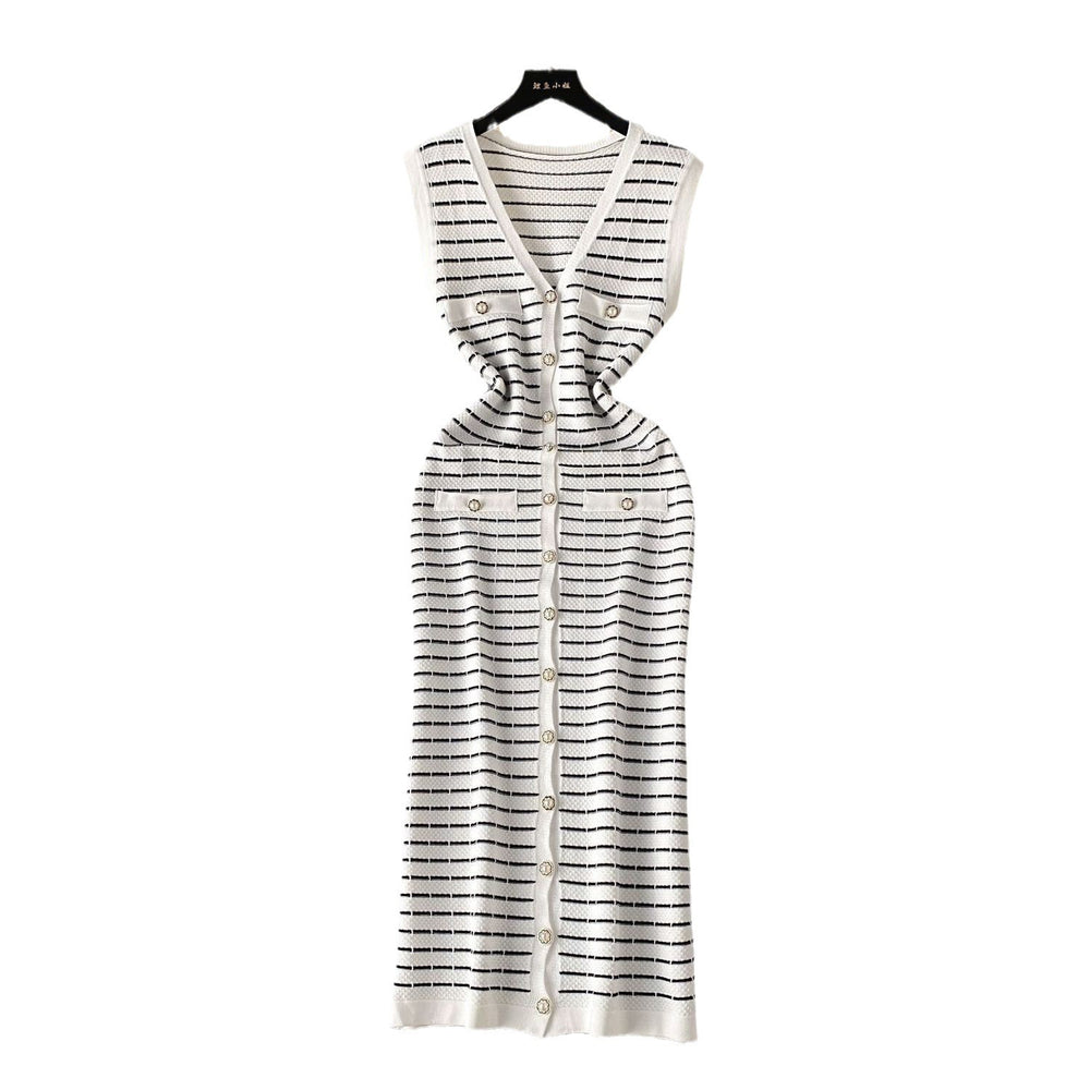 Elegant chanel-inspired striped dress - women's summer high-end fashion casual long knit vest dress