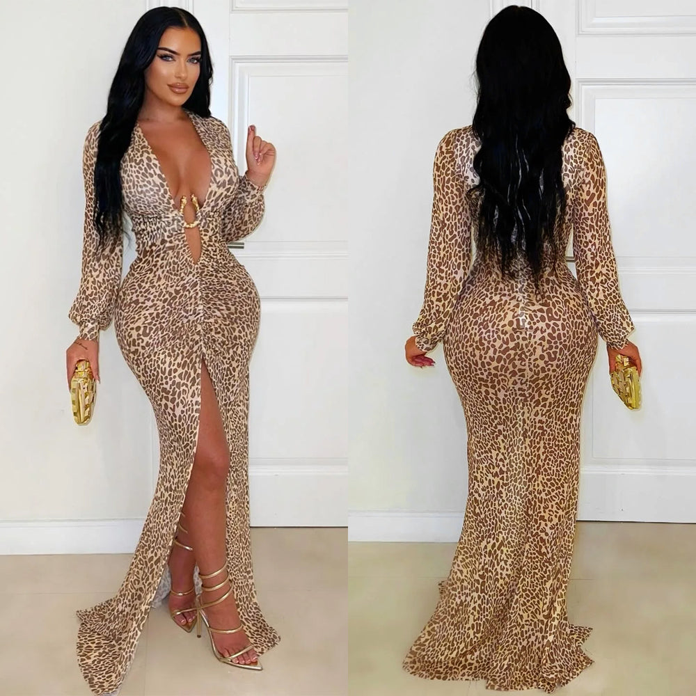C7571 cross-border   fashion women's sexy deep v leopard print slit sleeveless dress new