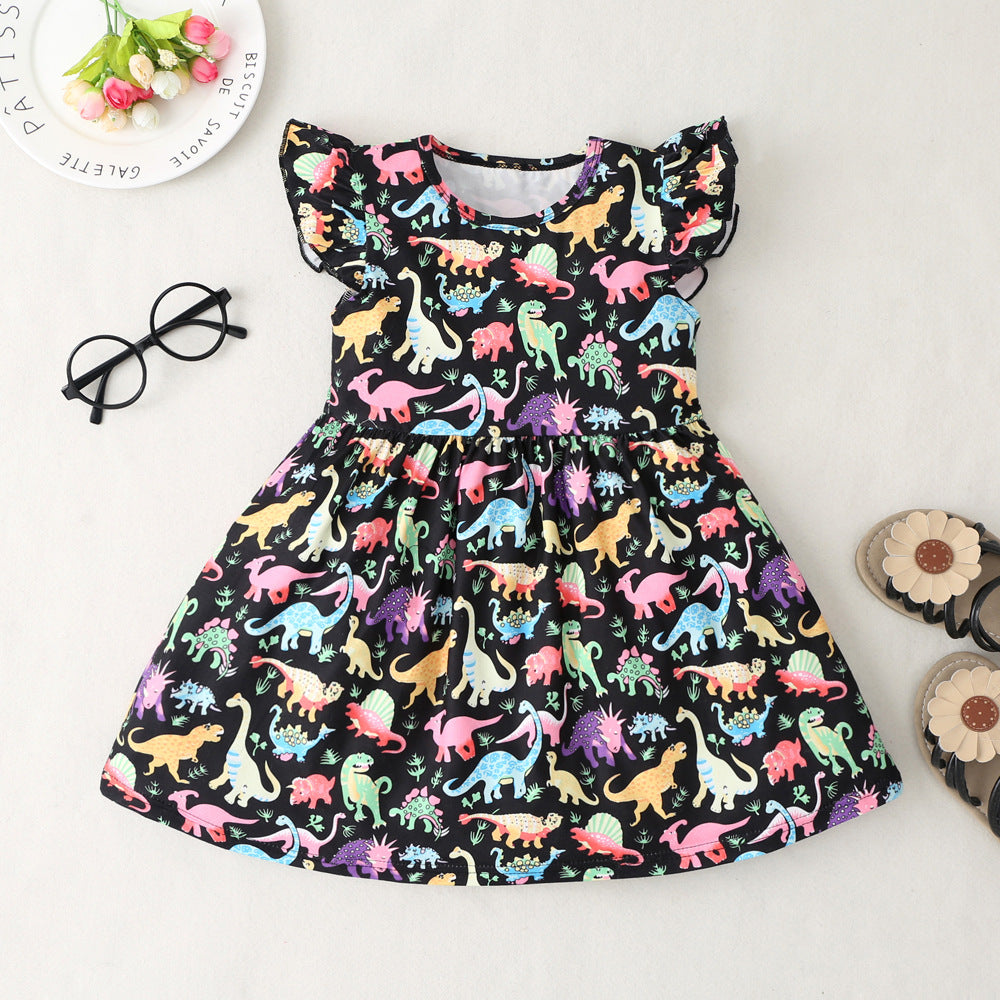 Five-piece set: flutter sleeve digital print dress