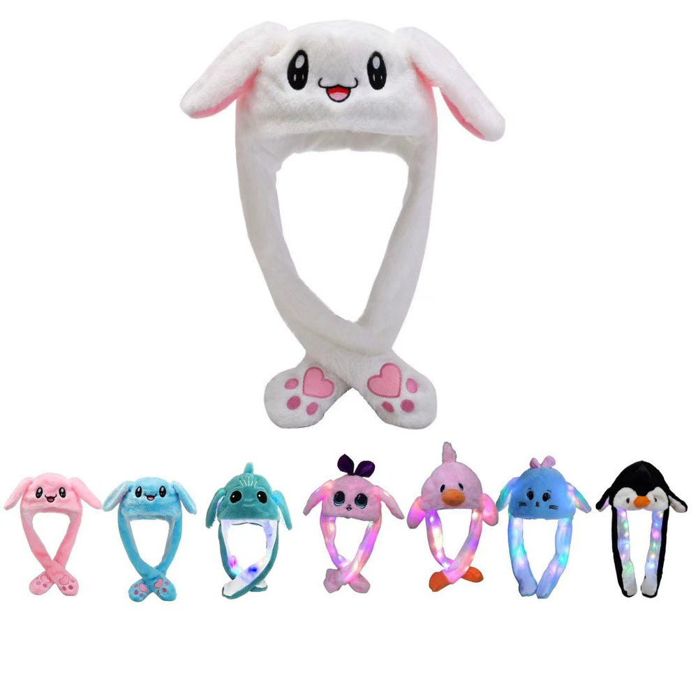 Matching family plush hat - cartoon rabbit with moving ears & airbag pressing - glow-in-the-dark night market trending style