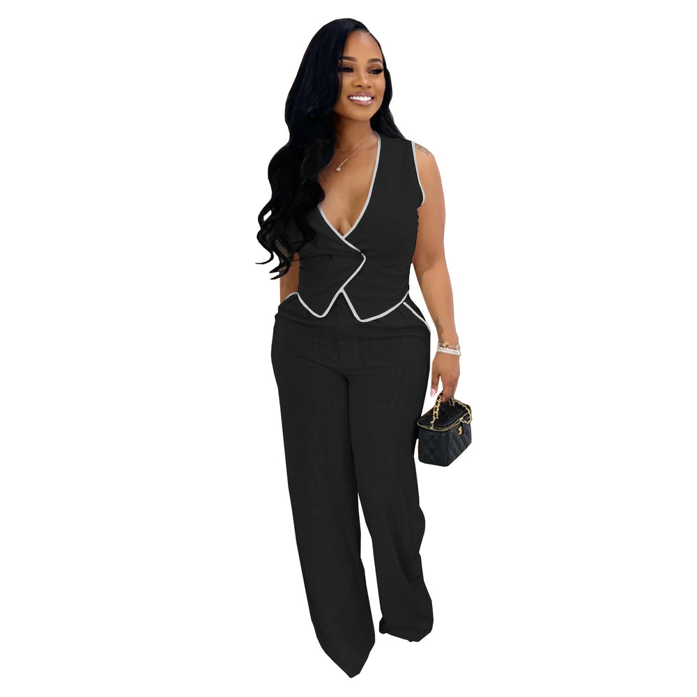 C7402 cross-border   fashion women's casual v-neck button-up top and pants two-piece set - new