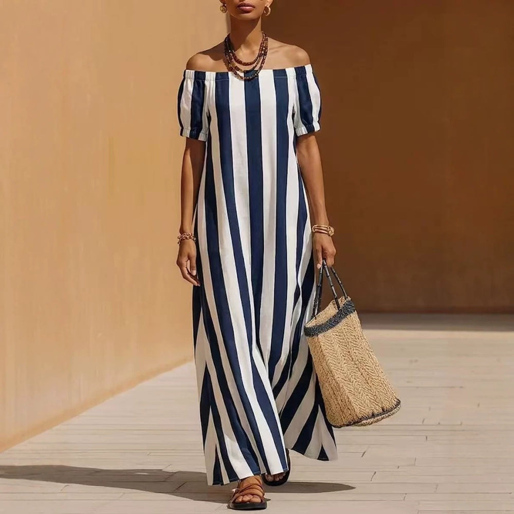 European and american independent station cross-border fashion loose one shoulder long stripesprinting summer best selling short sleeve women's dress