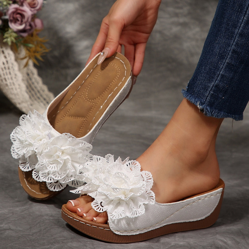 plus sizesummernew arrivalexport wedge thick sole slippers fish mouth one-piece strap flower outwear slippers