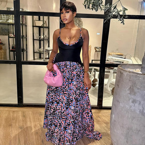 European and American  women's clothing 2025 summer new temperament V-neck printed high-waisted pleated skirt long suspender dress