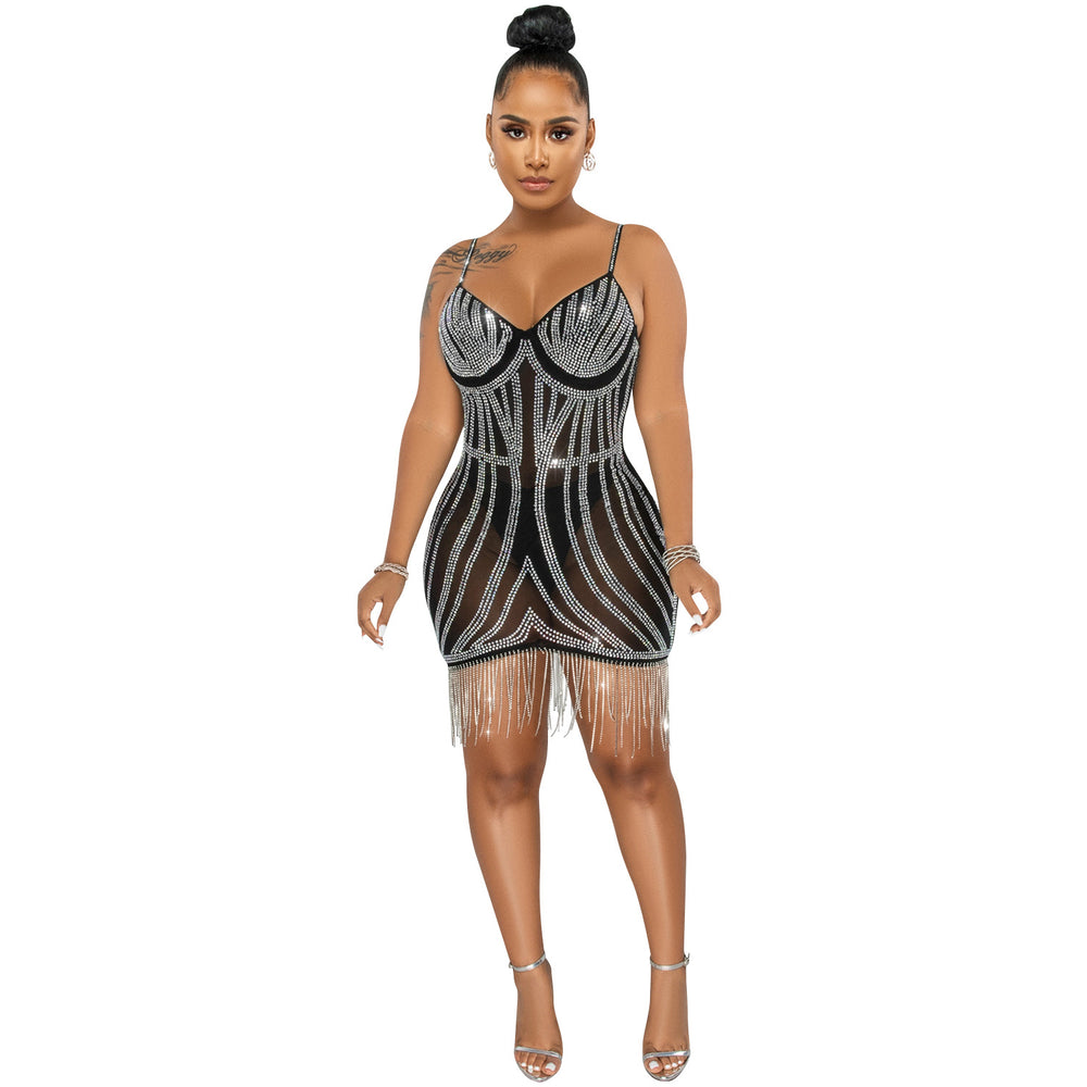 X5633   fashion new product hot diamond sexy suspender sleeveless chest wrap short skirt flowing beard dress