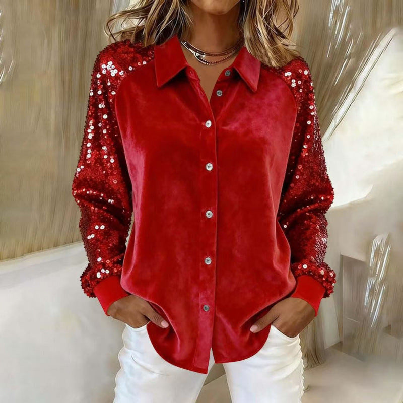 new arrival: gold velvet patchwork sequin long-sleeve shirt