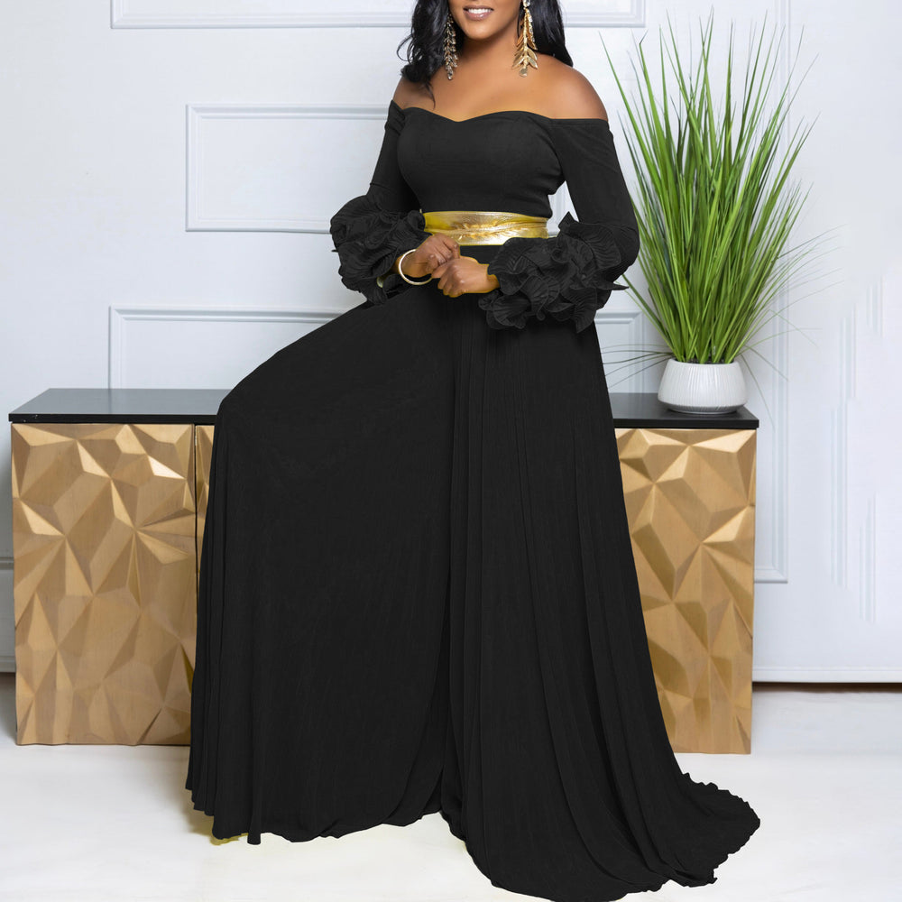 C8611   new fashion one-shoulder ruffle sleeve solid color pleated wide-leg african jumpsuit