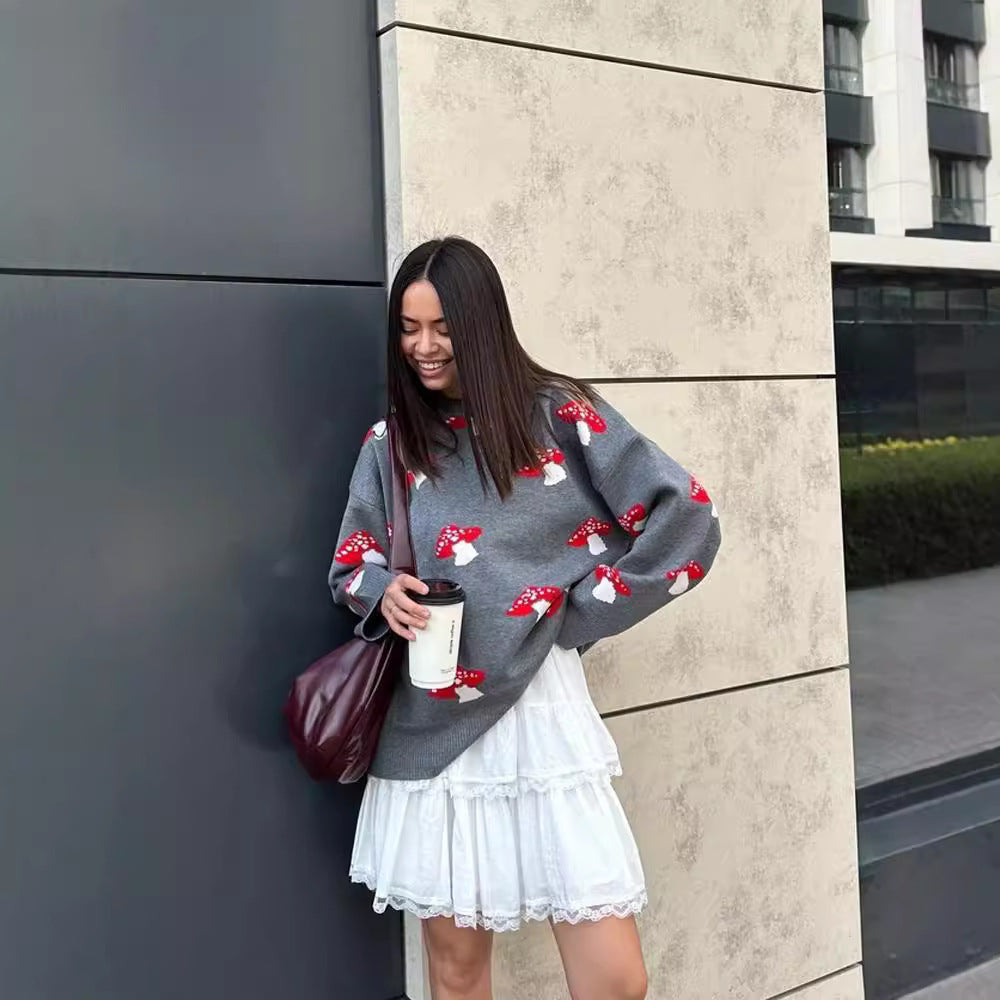 Cross-border European and American women's clothing casual ins mushroom long-sleeved crew neck sweater autumn and winter fashion loose pullover knitted sweater women