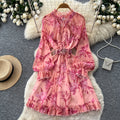 French print midi dress - women's summer long sleeve slim fit a-line dress - workwear, elegant, vacation style