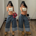 Women's striped patchwork wide-leg jeans - high-waisted, slimming, loose fit, designer style, versatile denim wide-leg cropped pants