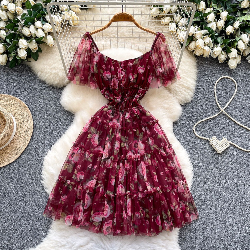 Dopamine dress: square neck, bubble sleeves, floral print, summer mesh overlay with ruffle trim - sweet & stunning