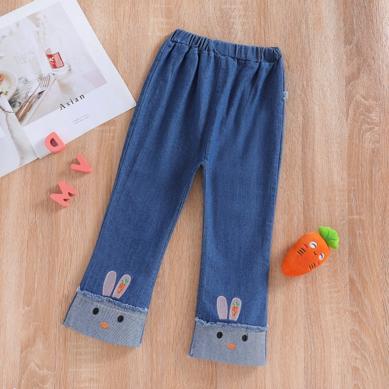 spring/autumn girls' casual embroidered denim fashion pants - korean style, trendy cartoon jeans for toddlers and children