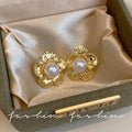 Vintage distressed flower pearl earrings-e6428 gold