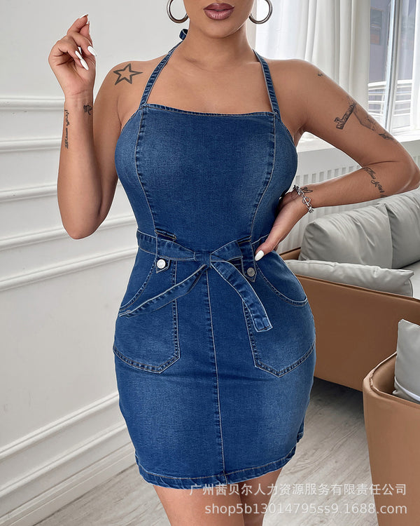 Fashion new 2022 European and American new suspender denim skirt