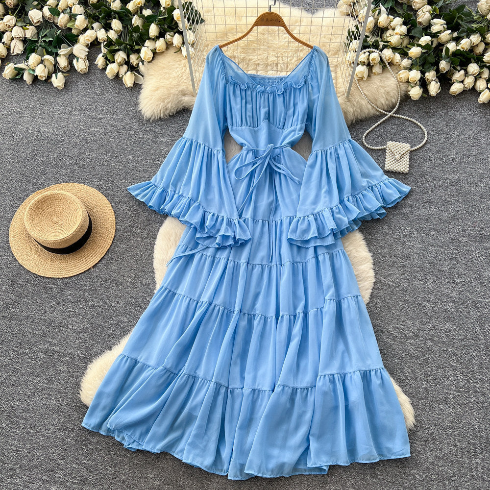 French chic square neck tie-up lantern sleeve dress - spring collection, sweet & sultry, slimming, and elegant maxi dress