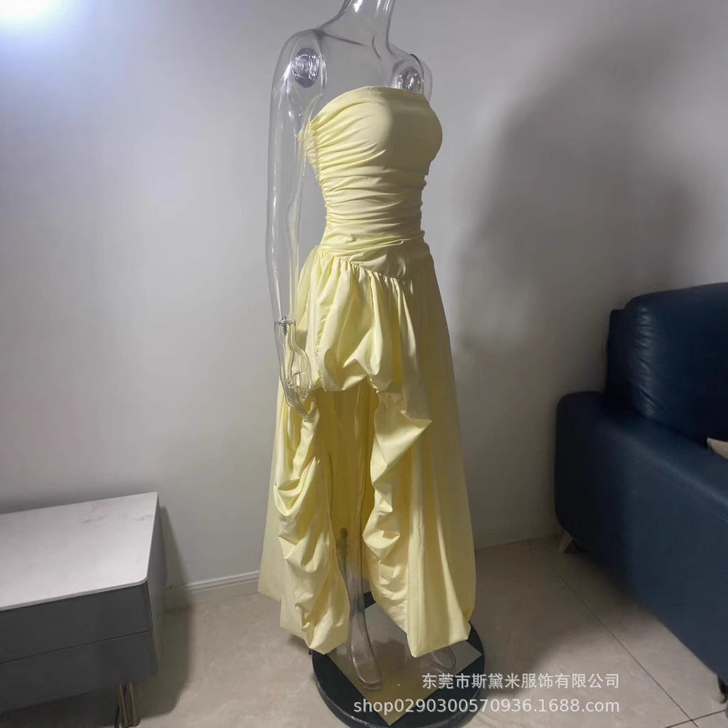 SDM176 temperament yellow tube top irregular lace pendulum dress princess style long dress wholesale Dress new