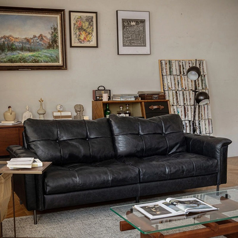 Vintage leather sofa - black oiled leather nebula sofa - retro designer living room sofa - small apartment 3-seater