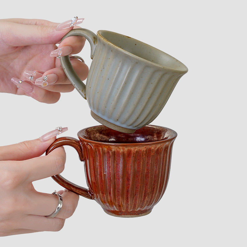 Vintage ceramic striped coffee cup and saucer set - stylish stoneware mug for office afternoon tea, water, or milk