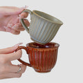 Vintage ceramic striped coffee cup and saucer set - stylish stoneware mug for office afternoon tea, water, or milk