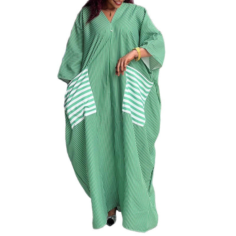 European and american cross-border african women's clothing  summer new style chic fashion v-neck striped loose plus size dress