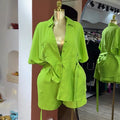 European and american cross-border women's fashion  autumn new arrival: casual turn-down collar loose tie-waist short sleeve shirt and wide-leg shorts set