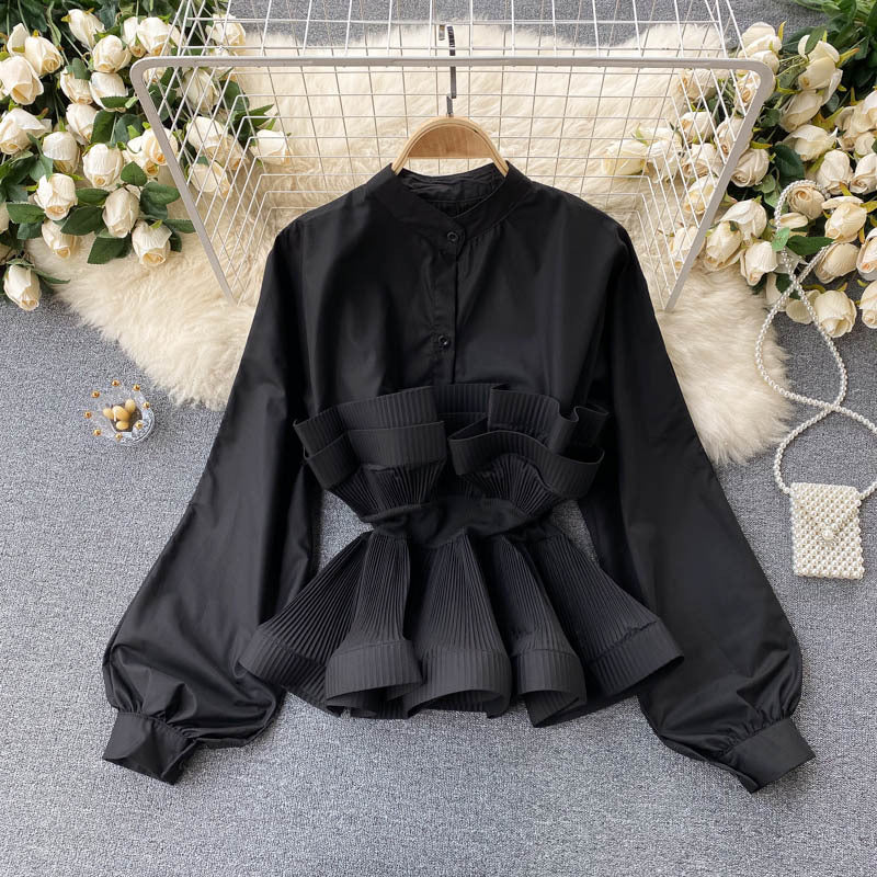 Long sleeves shirt for women sense of designniche style stereo pleated ruffles waist slimming lookeleganteasiest for match spring clothingtops for women