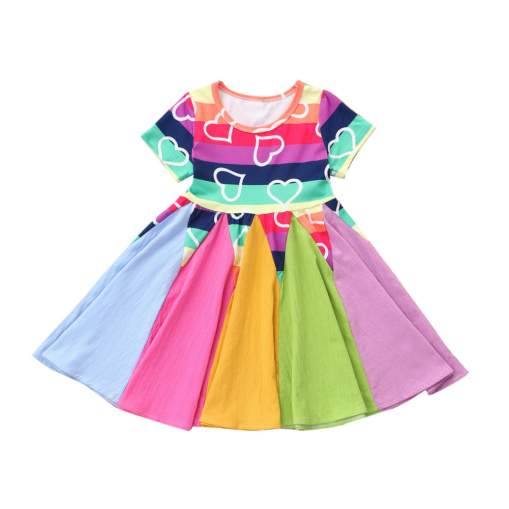 kids' summer short-sleeve dress - heart, dinosaur, and rainbow print
