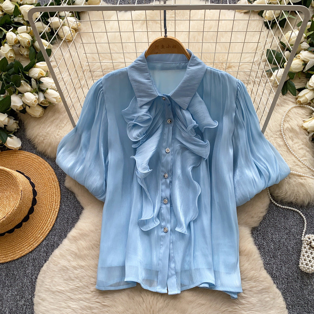 French court style breathable ruffle blouse - women's short sleeve lantern sleeve single-breasted satin-like commute top