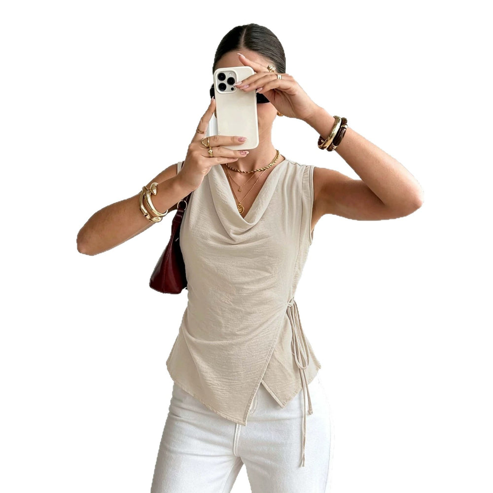 french swing collar sleeveless vest women's side drawstring waist asymmetrical hem elegantwork clothing gentle style tops