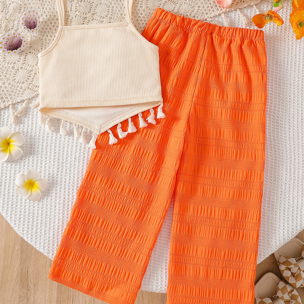 Girls' 3d floral tassel suspender ruched wide-leg pants two-piece set - summer kids' country chic casual outfit