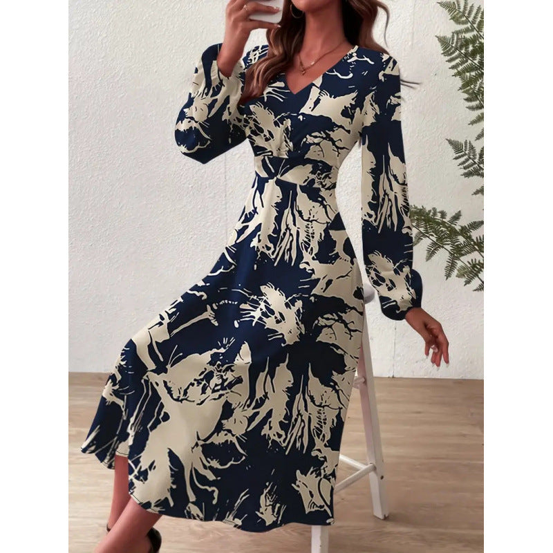 european and american cross-border e-commerce independent website spring/autumn new v-neck dress - bestselling printed maxi dress