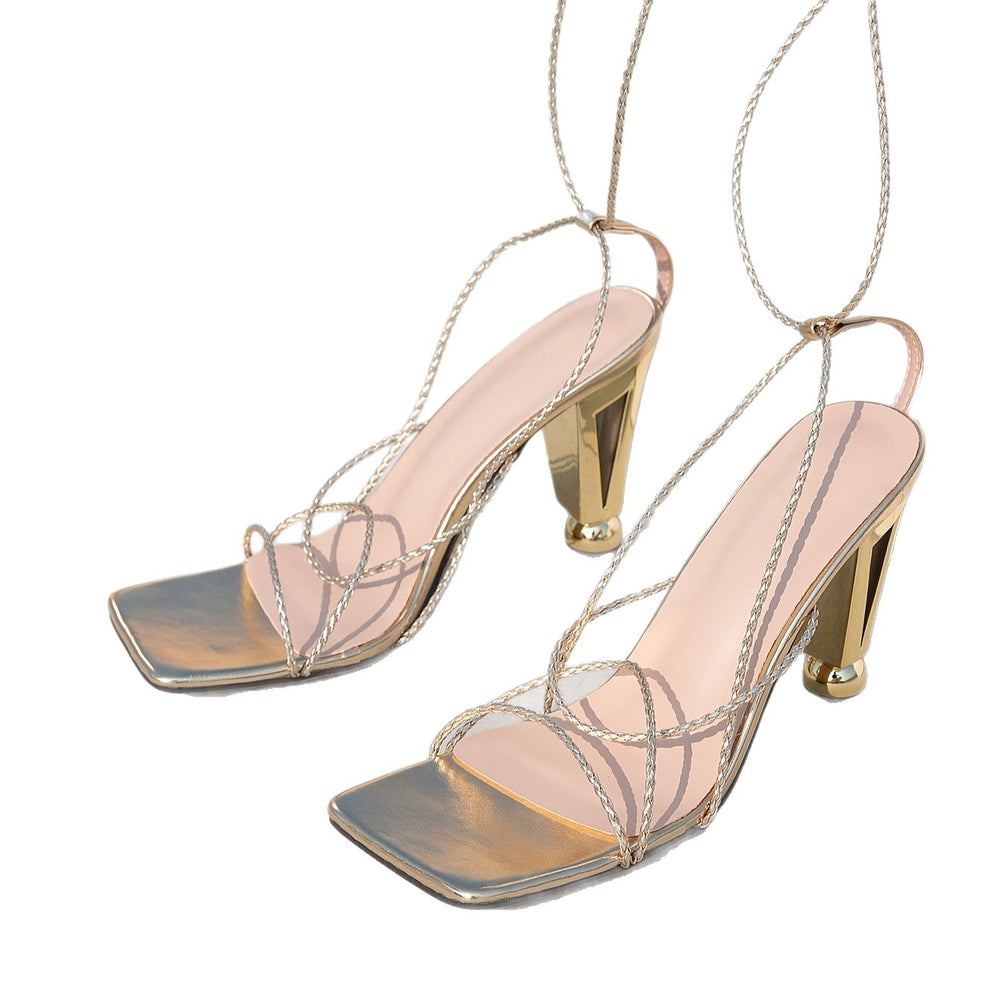 Women's sandals champagne gold square toe special-shaped high heel sandals long straps women's high heels tie back high heels