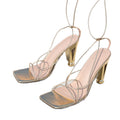 Women's sandals champagne gold square toe special-shaped high heel sandals long straps women's high heels tie back high heels