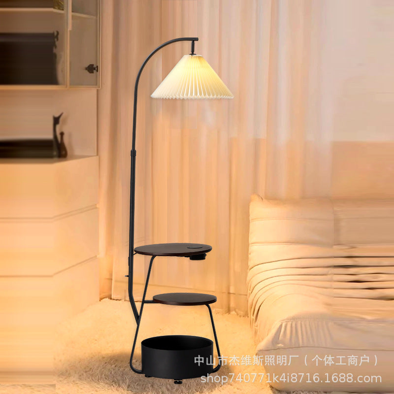 Cream style with shelves, multi-layer solid wood side table, storage floor lamp, pleated lampshade next to the sofa, reading atmosphere lamp