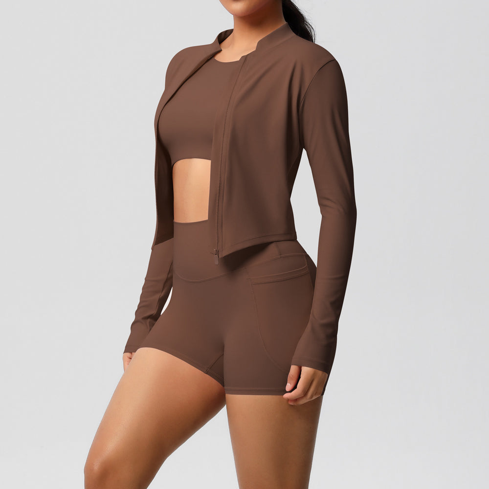 cloud-feel brushed short-sleeved sports zipper outwearflap pocket pants shorts hip-lifting fitness yoga wear three-piece set