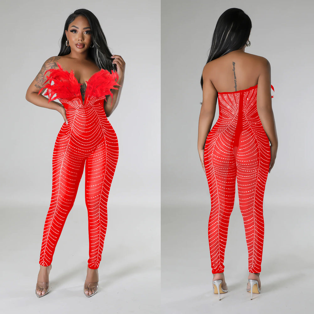 C6735 cross-border   fashion women's solid color sexy mesh rhinestone hot pants jumpsuit