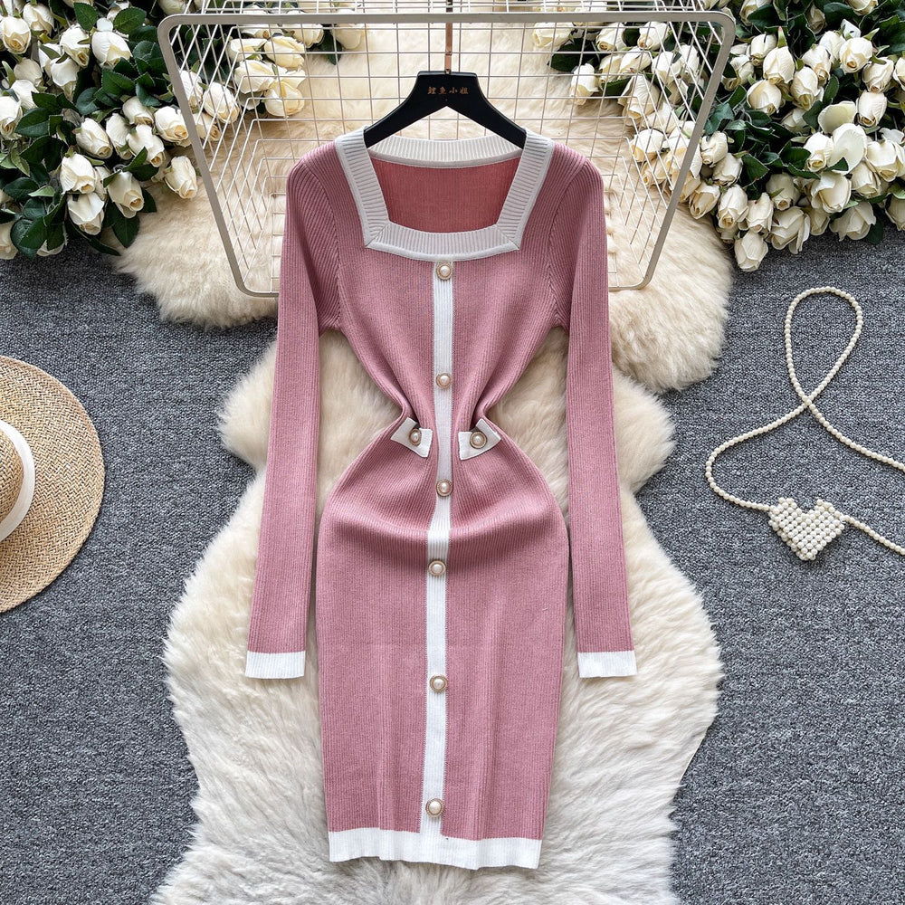 Frenchclassy small fragrant fashionablecontrast color square collar pearl button silmdress women's waist bag hip knitting skirt