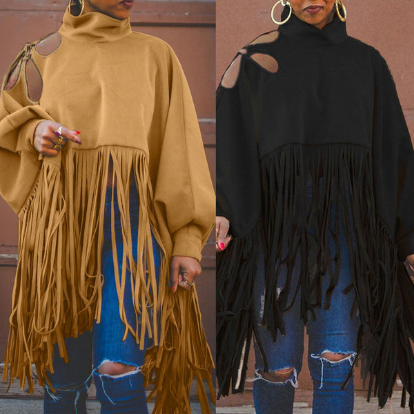 K2583 European and American, sexy,  women's clothing, fringed, turtleneck hollow, flower fringed top