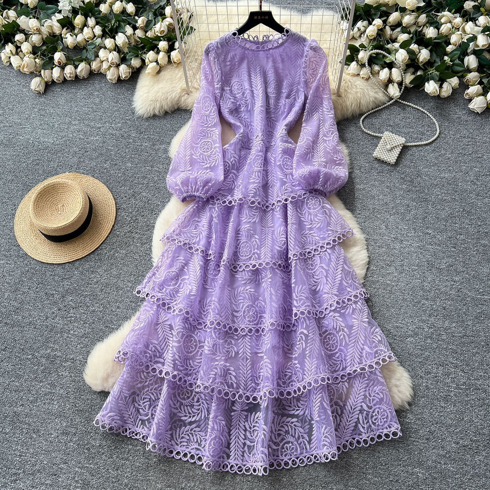 French chic high-end elegant dress for women, autumn  collection: luxurious, heavily embroidered, cinched waist, ruffle hem, tiered maxi dress