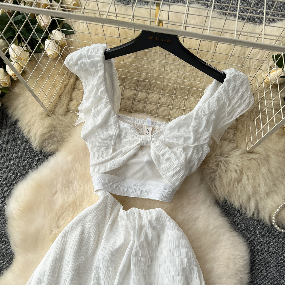 Frenchniche style chic super fairy whitedress women's seaside vacation style scheming cut out small flying sleeves large swing long skirt