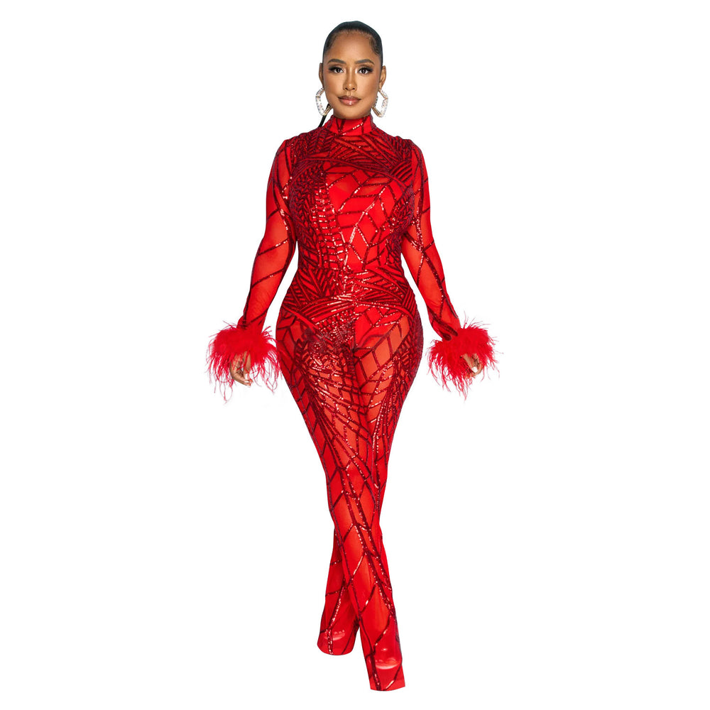 C6808 cross-border   fashion women's solid color mesh feather long sleeve top and pants two-piece set