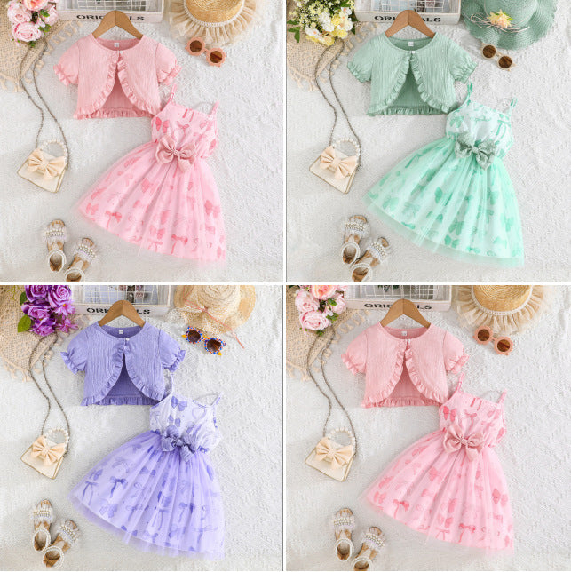summer bow-printed cami dress + solid color jacket fashionable sweetheart european and american style pinafore dress girls' set