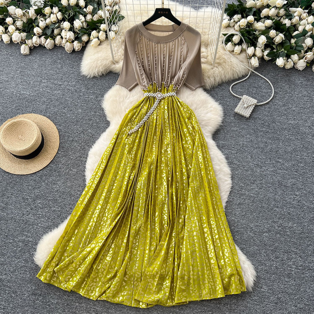 French heavy industry beading contrast colorpatchwork round neck short-sleeved dress women's waist elegantdrapedprinting over-the-knee long skirt