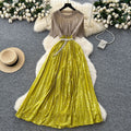 French heavy industry beading contrast colorpatchwork round neck short-sleeved dress women's waist elegantdrapedprinting over-the-knee long skirt
