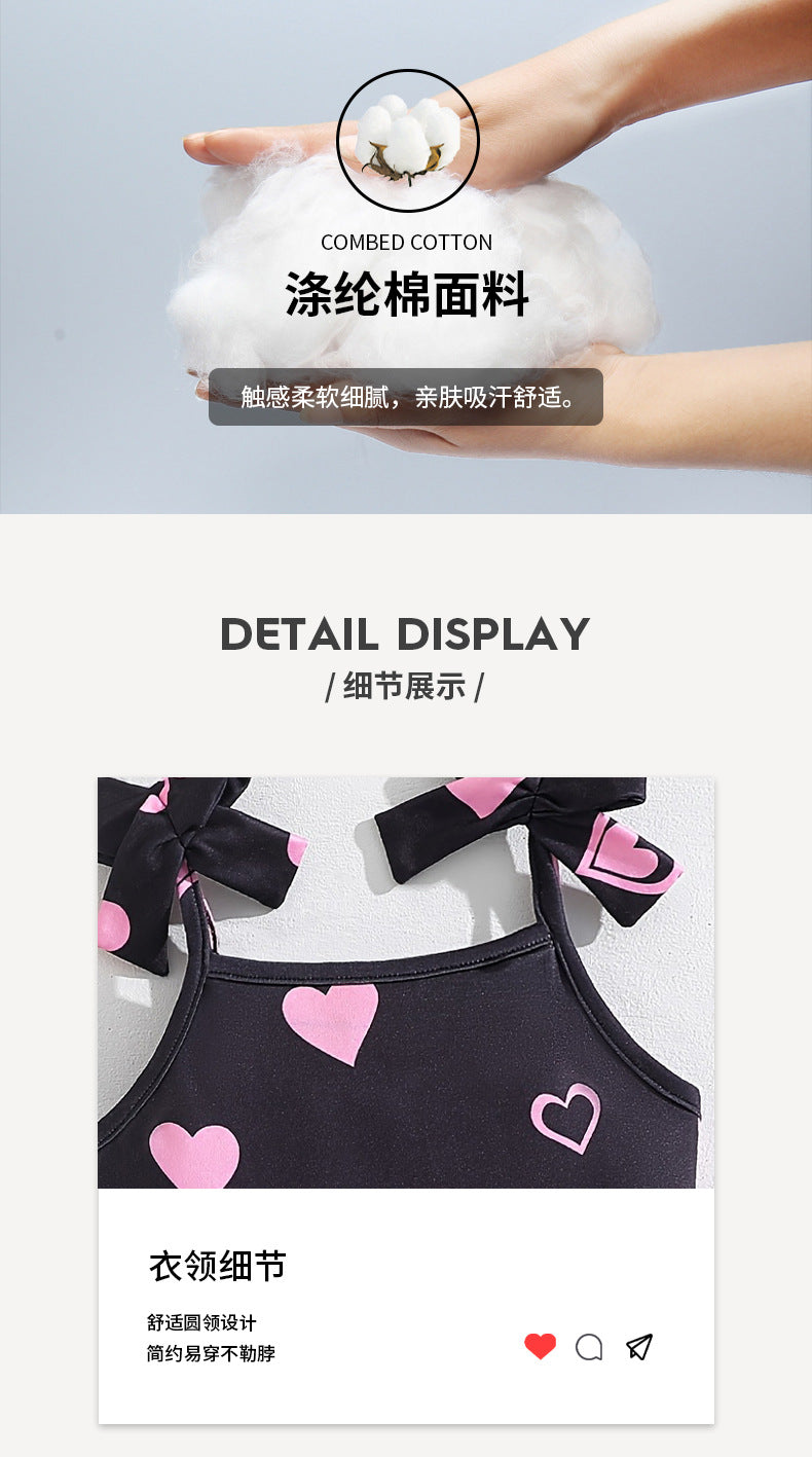 Girls' summer sundress with bow shoulder straps, cartoon bear and heart pattern, cute dress for kids and girls