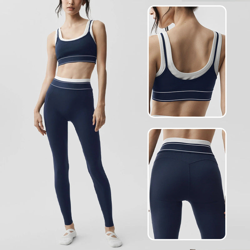 new arrivalfake two-piececontrast color white striped hip lifting pants suspender running sports intimates bra yoga suit